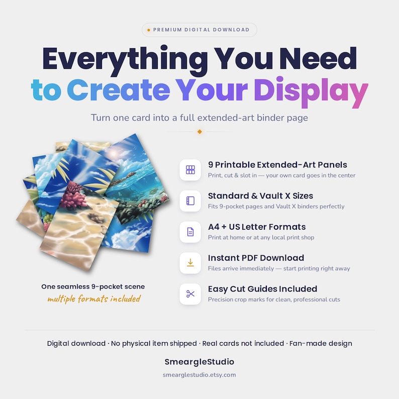 K&ouml;nnte beinhalten: Ein digitales Download-Produkt mit 9 druckbaren Extended-Art-Panels f&uuml;r Ordnerseiten. Der Text lautet: Everything You Need to Create Your Display, 9 Printable Extended-Art Panels, Standard & Vault X Sizes, A4 + US Letter Formats, Instant PDF Download, Easy Cut Guides Included, One seamless 9-pocket scene, multiple formats included, SmeargleStudio, smearglestudio.etsy.com.