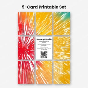 Op de afbeelding: Een set van 9 printbare kaarten met abstracte ontwerpen met witte strepen op rode, oranje en gele gradi&euml;nten. De middelste kaart is wit met zwarte tekst SmeargleStudio, instructies en een QR-code om te scannen.