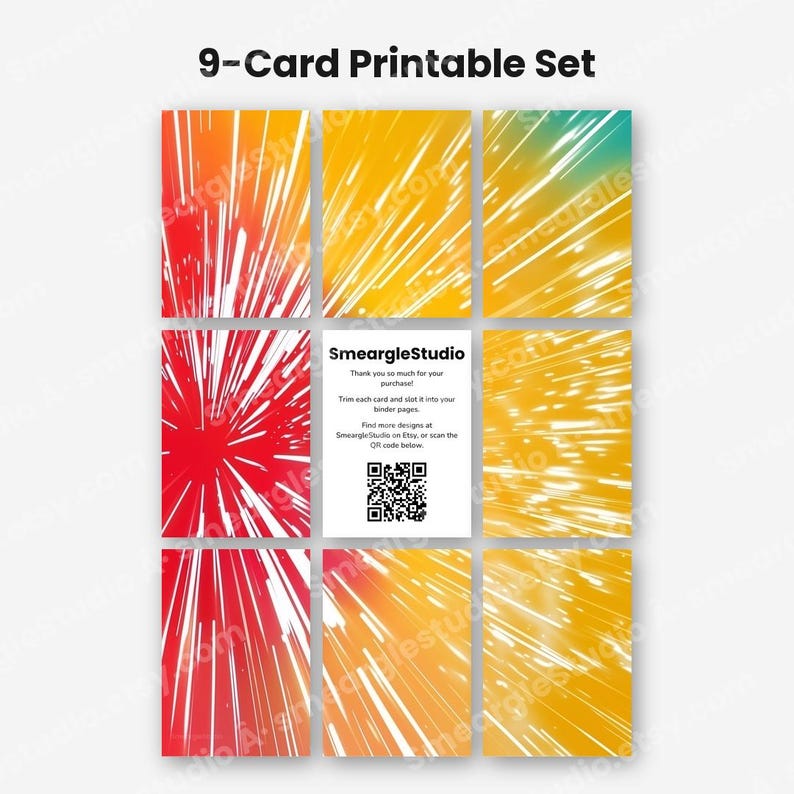 Op de afbeelding: Een set van 9 printbare kaarten met abstracte ontwerpen met witte strepen op rode, oranje en gele gradi&euml;nten. De middelste kaart is wit met zwarte tekst SmeargleStudio, instructies en een QR-code om te scannen.