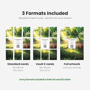 May include: A digital product display showing 3 Formats Included: Standard cards at 2.5 x 3.5 inches, Vault X cards at 2.6 x 3.7 inches, and full artwork. Each section features a garden illustration with pink roses, green trees, and a QR code.