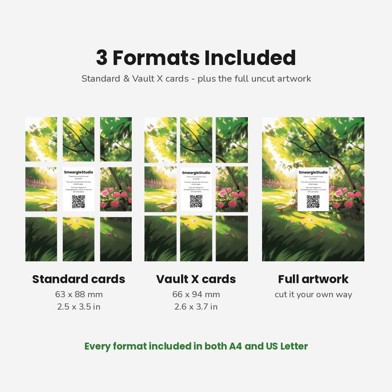 May include: A digital product display showing 3 Formats Included: Standard cards at 2.5 x 3.5 inches, Vault X cards at 2.6 x 3.7 inches, and full artwork. Each section features a garden illustration with pink roses, green trees, and a QR code.