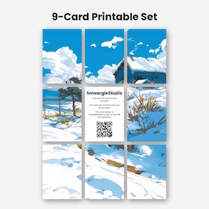 May include: A 9-card printable set featuring a winter landscape illustration with a snow-covered house, trees, and yellow flowers. The center card displays the text SmeargleStudio, thank you instructions, and a QR code for further designs.