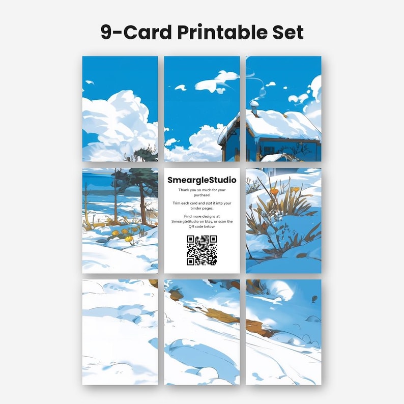 May include: A 9-card printable set featuring a winter landscape illustration with a snow-covered house, trees, and yellow flowers. The center card displays the text SmeargleStudio, thank you instructions, and a QR code for further designs.