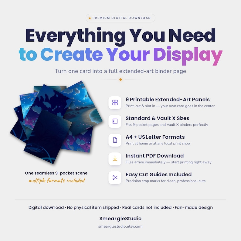 May include: A digital download product featuring 9 printable extended-art panels for binder pages. The graphic displays a seamless 9-pocket scene, cut guides, and compatibility with standard and Vault X sizes in A4 and US Letter formats.