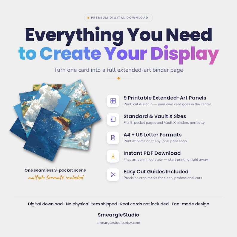 Pu&ograve; includere: Un prodotto in download digitale con 9 pannelli artistici estesi stampabili per raccoglitori. Il testo recita Everything You Need to Create Your Display, 9 Printable Extended-Art Panels, Standard & Vault X Sizes, A4 + US Letter Formats, Instant PDF Download e Easy Cut Guides Included. &Egrave; mostrata una scena continua da 9 tasche.