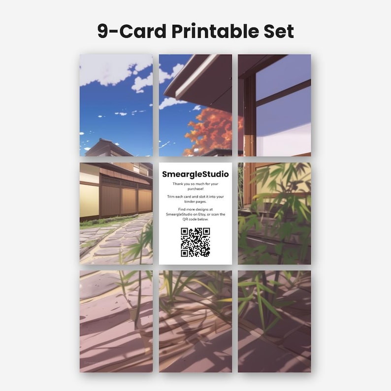 May include: A 9-card printable set featuring an anime-style landscape illustration of a traditional building with a stone path and bamboo. The center card displays the text SmeargleStudio, a thank you message, and a QR code for scanning.