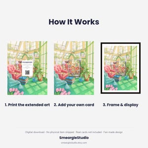 May include: An instructional graphic titled How It Works showing three steps for a digital download. It features an illustration of a sunlit greenhouse with chairs, plants, and a trading card. The steps are: 1. Print the extended art, 2. Add your own card, 3. Frame & display. The text SmeargleStudio appears at the bottom.