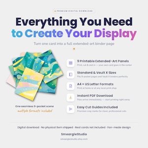 Puede incluir: Un producto de descarga digital que presenta nueve paneles de arte extendido imprimibles con un dise&ntilde;o de cielo estrellado en tonos azules, verdes y amarillos. El gr&aacute;fico incluye el texto: Everything You Need to Create Your Display, 9 Printable Extended-Art Panels, Standard & Vault X Sizes, A4 + US Letter Formats, Instant PDF Download, Easy Cut Guides Included, One seamless 9-pocket scene y SmeargleStudio.