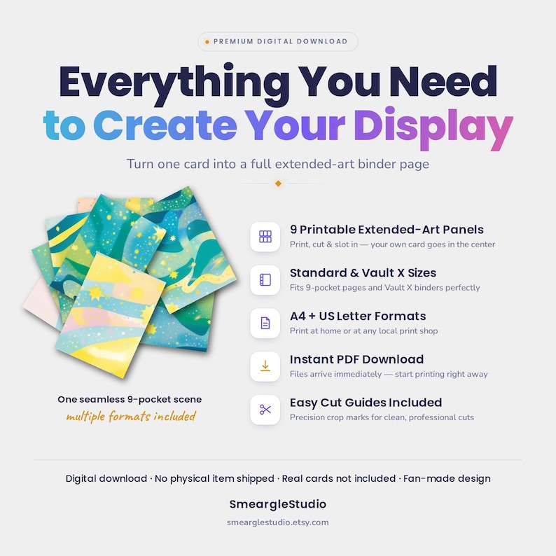 Puede incluir: Un producto de descarga digital que presenta nueve paneles de arte extendido imprimibles con un dise&ntilde;o de cielo estrellado en tonos azules, verdes y amarillos. El gr&aacute;fico incluye el texto: Everything You Need to Create Your Display, 9 Printable Extended-Art Panels, Standard & Vault X Sizes, A4 + US Letter Formats, Instant PDF Download, Easy Cut Guides Included, One seamless 9-pocket scene y SmeargleStudio.