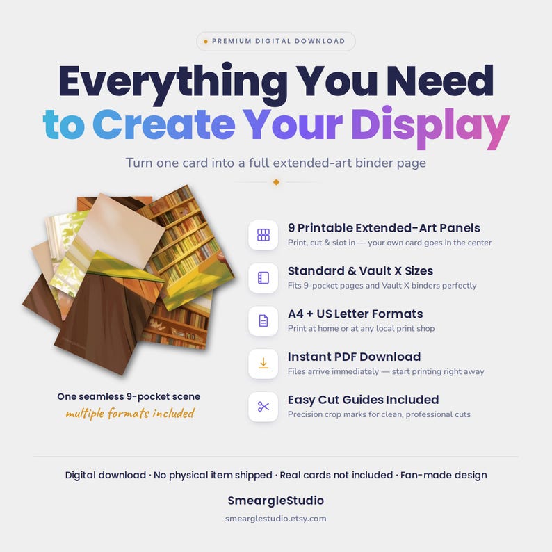 May include: A digital download product featuring 9 printable extended-art panels for a 9-pocket binder page. The graphic includes text: Everything You Need to Create Your Display, One seamless 9-pocket scene, and lists features like A4 and US Letter formats.