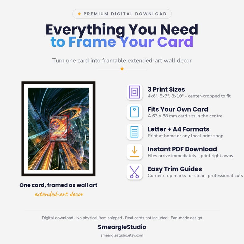 Może przedstawiać: Cyfrowy produkt do pobrania zatytułowany Everything You Need to Frame Your Card. Zawiera oprawioną kartę z rozszerzoną grafiką, wymienia 3 rozmiary wydruku, kompatybilność z kartami 63 x 88 mm oraz formaty plik&oacute;w PDF.