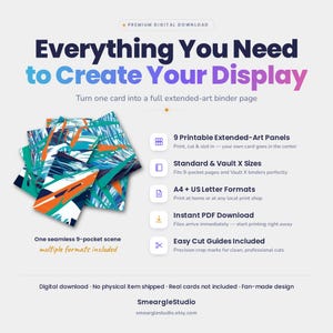 May include: A digital download product featuring 9 printable extended-art panels for binder pages. The design displays a seamless abstract pattern in blue, teal, and orange. Text includes Everything You Need to Create Your Display and SmeargleStudio.