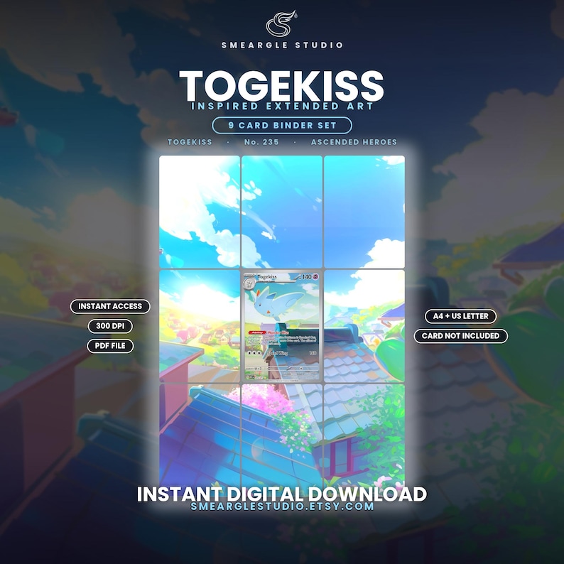 May include: A digital 9-card binder set featuring Togekiss inspired extended art. The graphic includes the text Smeargle Studio, Togekiss, No. 235, Ascended Heroes, Instant Access, 300 DPI, PDF File, A4 + US Letter, Card Not Included, and Instant Digital Download.