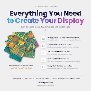May include: A digital download product listing titled Everything You Need to Create Your Display. It features a colorful, abstract geometric graphic design and lists features including 9 printable extended-art panels, standard and Vault X sizes, A4 and US letter formats, instant PDF download, and easy cut guides.