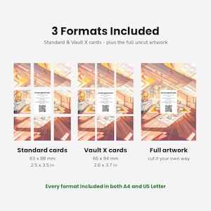 May include: A digital product display showing 3 Formats Included: Standard cards at 2.5 x 3.5 inches, Vault X cards at 2.6 x 3.7 inches, and full uncut artwork. Each section features a grid of illustrated room scenes with a SmeargleStudio card and QR code.