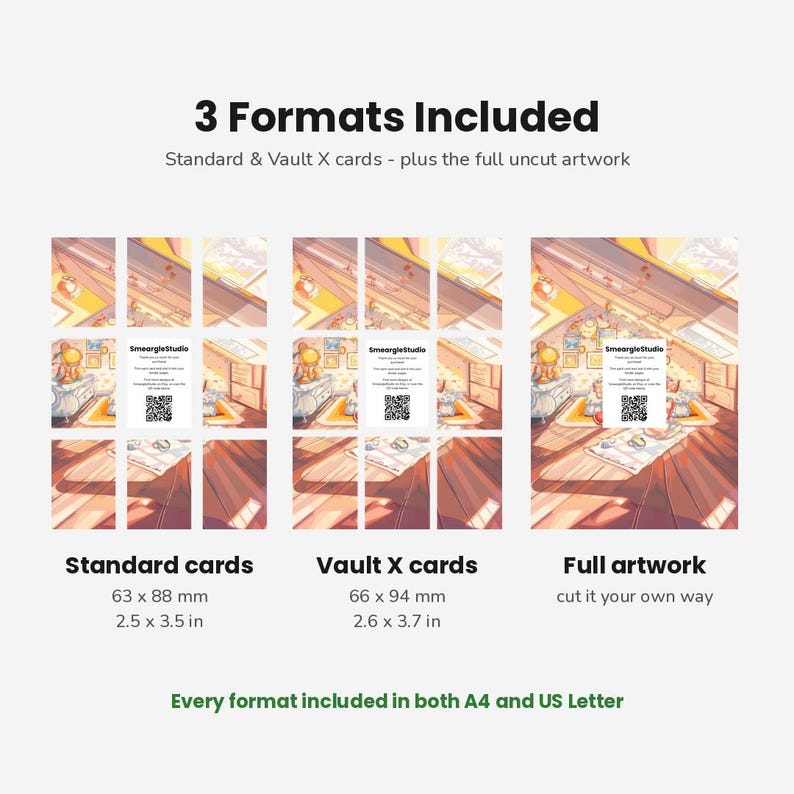 May include: A digital product display showing 3 Formats Included: Standard cards at 2.5 x 3.5 inches, Vault X cards at 2.6 x 3.7 inches, and full uncut artwork. Each section features a grid of illustrated room scenes with a SmeargleStudio card and QR code.