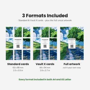 May include: A digital product display showing 3 Formats Included: Standard cards at 63 x 88 mm (2.5 x 3.5 in), Vault X cards at 66 x 94 mm (2.6 x 3.7 in), and full artwork. Each format features a landscape illustration of trees, mountains, and a road.