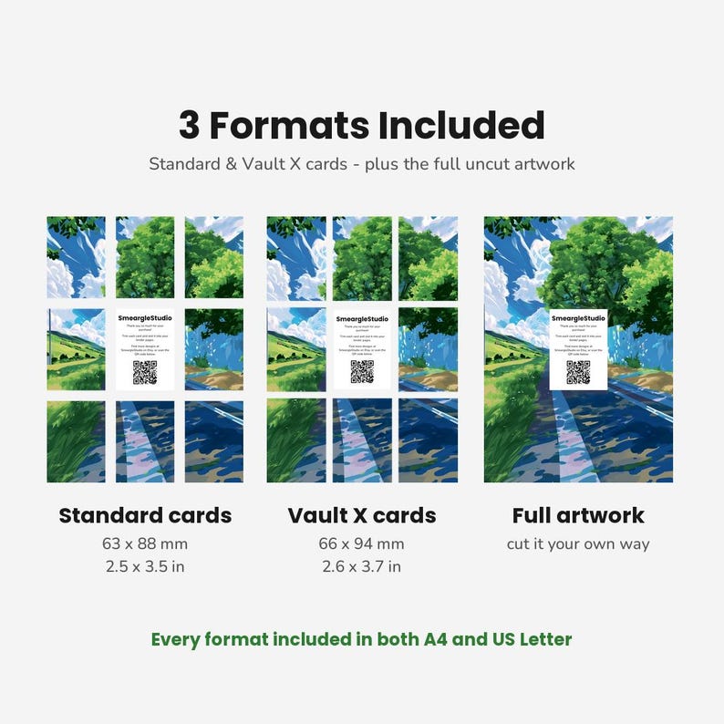 May include: A digital product display showing 3 Formats Included: Standard cards at 63 x 88 mm (2.5 x 3.5 in), Vault X cards at 66 x 94 mm (2.6 x 3.7 in), and full artwork. Each format features a landscape illustration of trees, mountains, and a road.