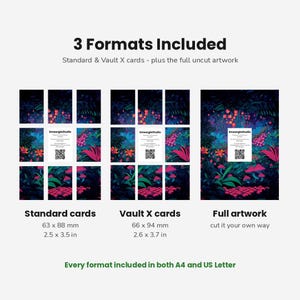 May include: Three digital print formats featuring a dark forest illustration with pink and orange mushrooms. Includes Standard cards at 2.5 x 3.5 inches, Vault X cards at 2.6 x 3.7 inches, and full uncut artwork. Text includes 3 Formats Included and SmeargleStudio.