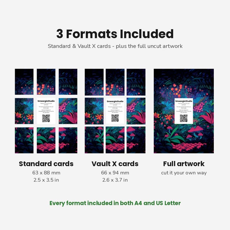 May include: Three digital print formats featuring a dark forest illustration with pink and orange mushrooms. Includes Standard cards at 2.5 x 3.5 inches, Vault X cards at 2.6 x 3.7 inches, and full uncut artwork. Text includes 3 Formats Included and SmeargleStudio.