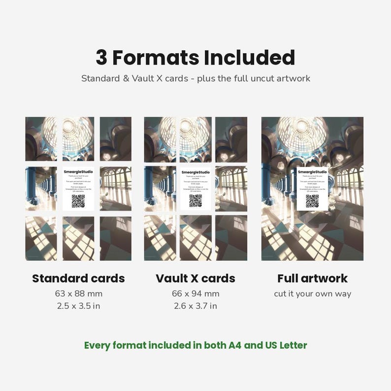 May include: A digital product display showing 3 Formats Included: Standard cards at 63 x 88 mm (2.5 x 3.5 in), Vault X cards at 66 x 94 mm (2.6 x 3.7 in), and full artwork. Each format features an illustration of a domed hall with columns.