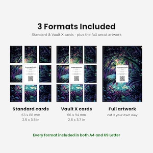 May include: A digital product display showing three formats of artwork: standard cards at 2.5 x 3.5 inches, Vault X cards at 2.6 x 3.7 inches, and full uncut artwork. Each section features a dark, lush jungle scene with a central QR code card.