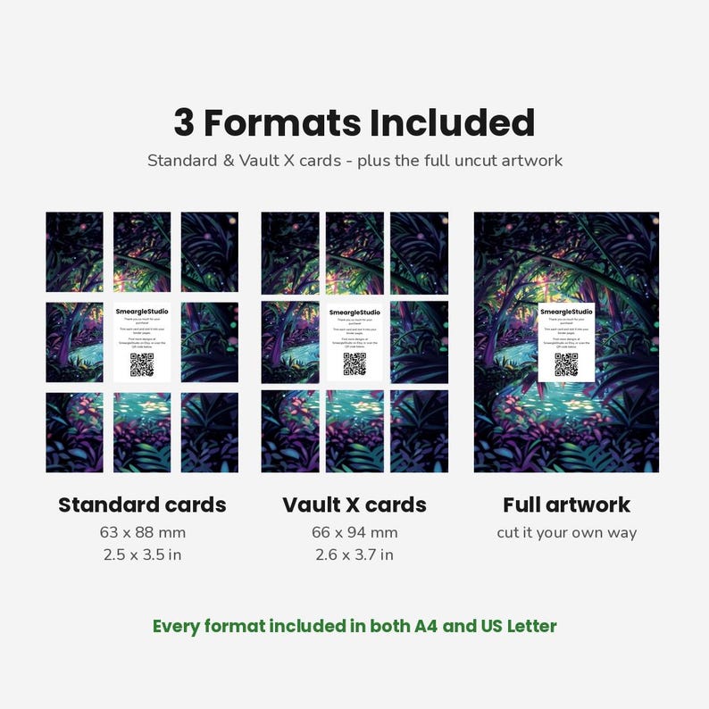 May include: A digital product display showing three formats of artwork: standard cards at 2.5 x 3.5 inches, Vault X cards at 2.6 x 3.7 inches, and full uncut artwork. Each section features a dark, lush jungle scene with a central QR code card.