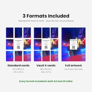 K&ouml;nnte beinhalten: Eine digitale Produktanzeige mit 3 Formats Included: Standardkarten in 63 x 88 mm, Vault X-Karten in 66 x 94 mm und vollst&auml;ndiges ungeschnittenes Artwork. Jeder Bereich zeigt eine blau-rote Grafik mit einer wei&szlig;en Karte und einem QR-Code.