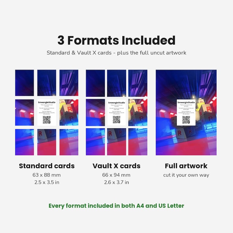 K&ouml;nnte beinhalten: Eine digitale Produktanzeige mit 3 Formats Included: Standardkarten in 63 x 88 mm, Vault X-Karten in 66 x 94 mm und vollst&auml;ndiges ungeschnittenes Artwork. Jeder Bereich zeigt eine blau-rote Grafik mit einer wei&szlig;en Karte und einem QR-Code.