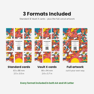 May include: A digital display showing 3 Formats Included: Standard cards at 63 x 88 mm (2.5 x 3.5 in), Vault X cards at 66 x 94 mm (2.6 x 3.7 in), and full artwork. The graphic features a colorful, chaotic pattern with yellow suns, clouds, and stars.