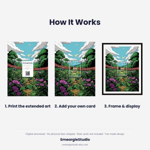 May include: An instructional graphic titled How It Works showing three steps for a digital download. Step 1 shows a print with a QR code, step 2 shows a card placed over the art, and step 3 shows the final framed artwork in a landscape setting.