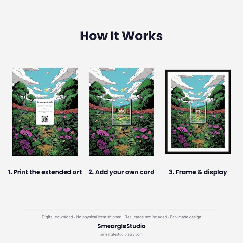 May include: An instructional graphic titled How It Works showing three steps for a digital download. Step 1 shows a print with a QR code, step 2 shows a card placed over the art, and step 3 shows the final framed artwork in a landscape setting.