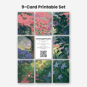 May include: A 9-card printable set featuring various landscape illustrations with pink, green, and blue tones. The center card displays the text SmeargleStudio, thank you notes, instructions, and a QR code. The title 9-Card Printable Set is at the top.