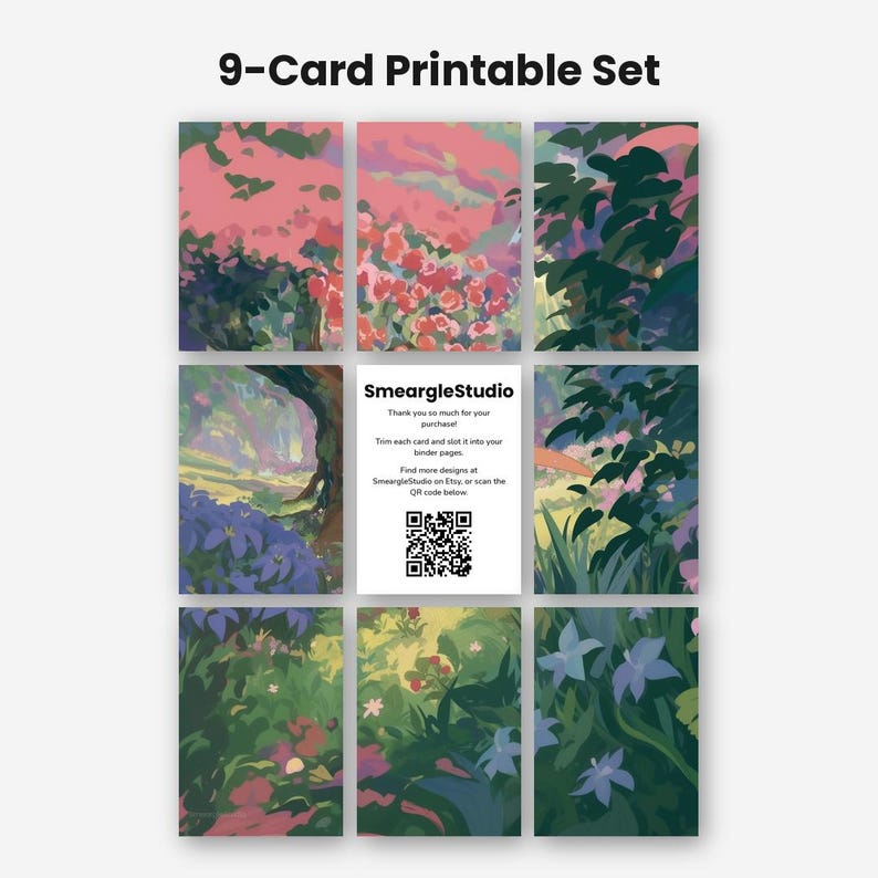 May include: A 9-card printable set featuring various landscape illustrations with pink, green, and blue tones. The center card displays the text SmeargleStudio, thank you notes, instructions, and a QR code. The title 9-Card Printable Set is at the top.
