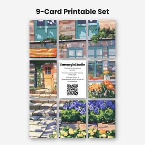May include: A 9-card printable set featuring a grid of illustrated scenes depicting a brick building with teal windows, a wooden door, stone steps, and colorful flower beds. The center card contains text reading SmeargleStudio and a QR code.