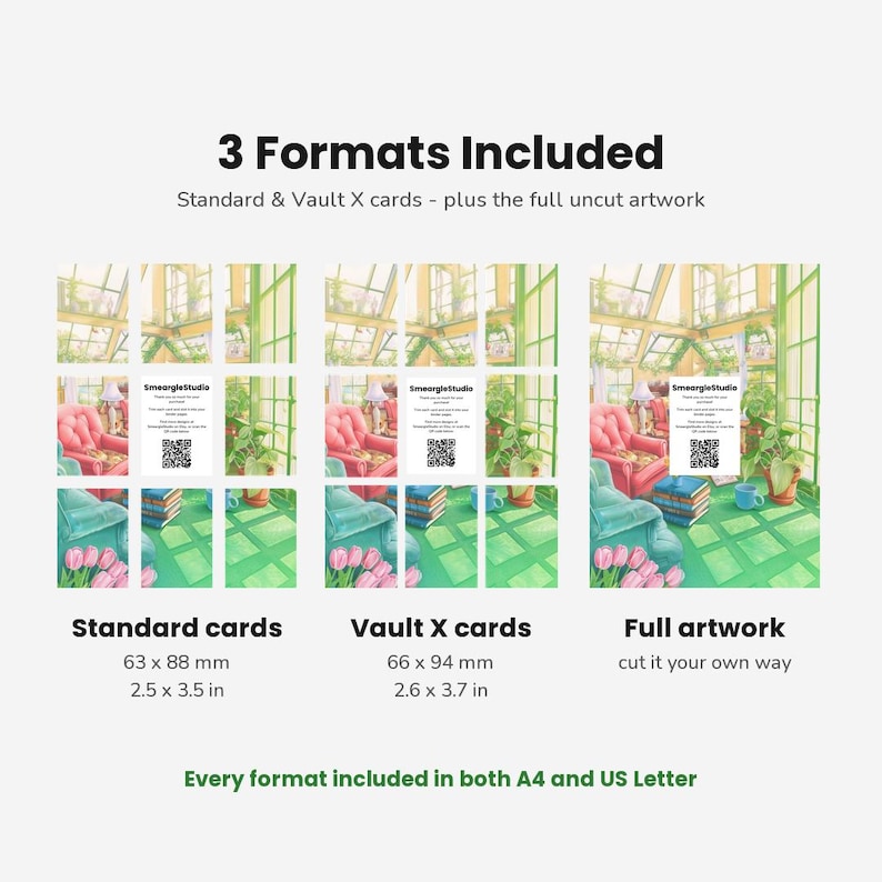 May include: A digital product display showing three formats: standard cards at 2.5 x 3.5 inches, Vault X cards at 2.6 x 3.7 inches, and full artwork. The image features a greenhouse illustration with pink tulips, chairs, and books. Text includes 3 Formats Included, Standard & Vault X cards - plus the full uncut artwork, and Every format included in both A4 and US Letter.