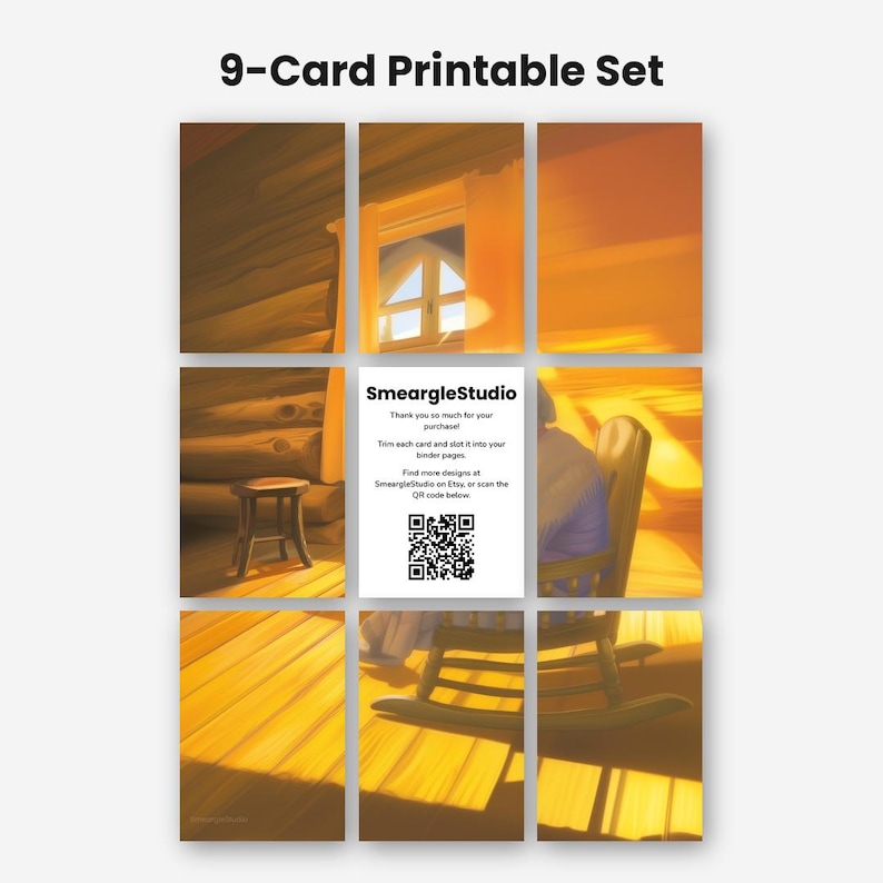 Peut inclure: Un ensemble de 9 cartes imprimables pr&eacute;sentant une illustration num&eacute;rique d'une pi&egrave;ce chaleureuse avec une chaise &agrave; bascule, un petit tabouret et une fen&ecirc;tre avec une lumi&egrave;re chaude. La carte centrale contient le texte SmeargleStudio et un QR code.