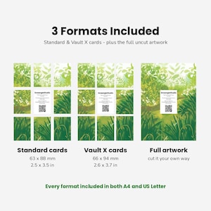 May include: A digital product display showing 3 Formats Included: Standard cards at 63 x 88 mm (2.5 x 3.5 in), Vault X cards at 66 x 94 mm (2.6 x 3.7 in), and full uncut artwork. The design features a green forest illustration with a QR code.