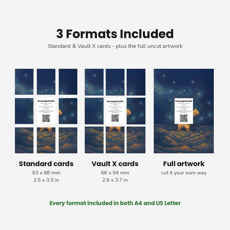 May include: A digital product display showing three formats: Standard cards at 2.5 x 3.5 inches, Vault X cards at 2.6 x 3.7 inches, and full artwork. Each section features a dark blue starry background with a yellow character and a central QR code.