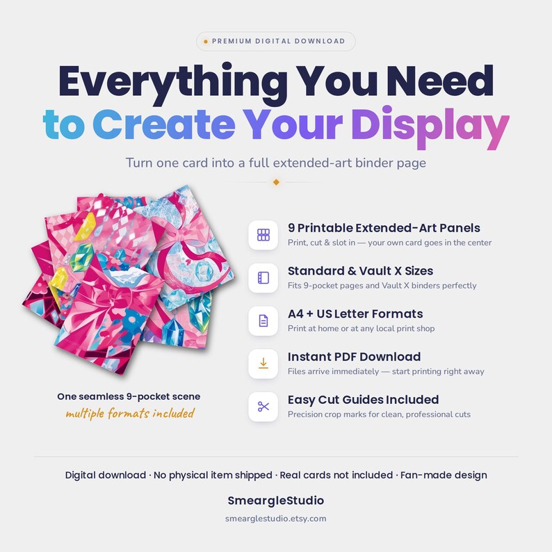 May include: A digital download product featuring a set of nine printable extended-art panels for binder pages. The design displays pink and blue gem-themed artwork. Text includes Everything You Need to Create Your Display, 9 Printable Extended-Art Panels, Standard & Vault X Sizes, A4 + US Letter Formats, Instant PDF Download, and Easy Cut Guides Included.