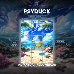 K&ouml;nnte beinhalten: Ein 9-Karten-Binder-Set mit einer erweiterten Illustration im Psyduck-Stil. Das Bild zeigt einen tropischen Strand mit blauem Himmel, Palmwedeln und Korallenriffen. Der Text umfasst SMEARGLE STUDIO, PSYDUCK, No. 226, ASCENDED HEROES, INSTANT ACCESS, 300 DPI, PDF FILE, A4 + US LETTER, CARD NOT INCLUDED, INSTANT DIGITAL DOWNLOAD und SMEARGLESTUDIO.ETSY.COM.