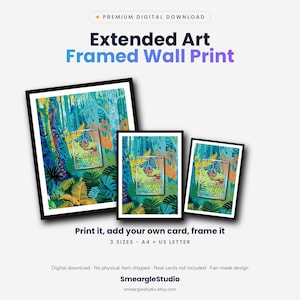 May include: Three framed wall prints in varying sizes featuring a vibrant forest illustration with blue, green, and yellow foliage. The text reads: Premium Digital Download, Extended Art Framed Wall Print, Print it, add your own card, frame it.