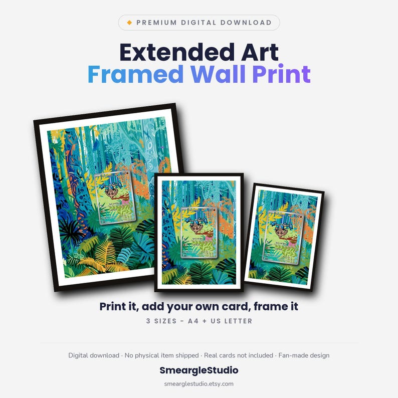 May include: Three framed wall prints in varying sizes featuring a vibrant forest illustration with blue, green, and yellow foliage. The text reads: Premium Digital Download, Extended Art Framed Wall Print, Print it, add your own card, frame it.