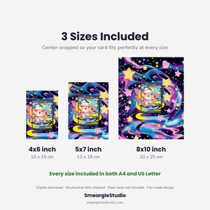 May include: Three digital art prints featuring a pink creature on a dark blue cosmic background with yellow and pink stars. Text includes 3 Sizes Included, 4x6 inch, 5x7 inch, 8x10 inch, and Every size included in both A4 and US Letter by SmeargleStudio.