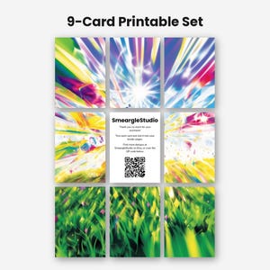 May include: A 9-card printable set featuring vibrant, abstract designs with light streaks, crystals, and green grass patterns. The center card displays the text SmeargleStudio, instructions for trimming, and a QR code for further designs.