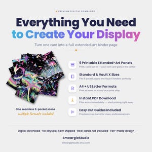 May include: A digital download product listing featuring the text Everything You Need to Create Your Display. It includes 9 printable extended-art panels for a 9-pocket binder page, with a colorful, cosmic-themed graphic design and cut guides.