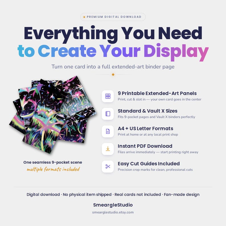 May include: A digital download product listing featuring the text Everything You Need to Create Your Display. It includes 9 printable extended-art panels for a 9-pocket binder page, with a colorful, cosmic-themed graphic design and cut guides.