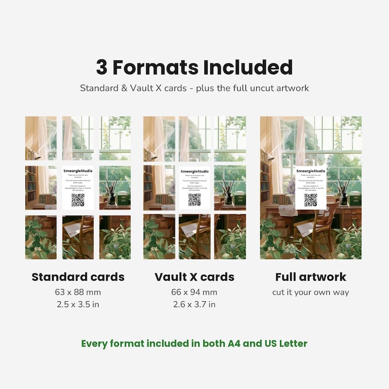May include: A digital product display showing 3 Formats Included: Standard cards at 2.5 x 3.5 inches, Vault X cards at 2.6 x 3.7 inches, and full artwork. Each section features a grid of an interior room illustration with a QR code and text.