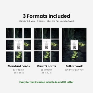 May include: A digital graphic displaying 3 Formats Included: Standard cards at 2.5 x 3.5 inches, Vault X cards at 2.6 x 3.7 inches, and full uncut artwork. Each section features a dark pond scene with lily pads and a central white information card.