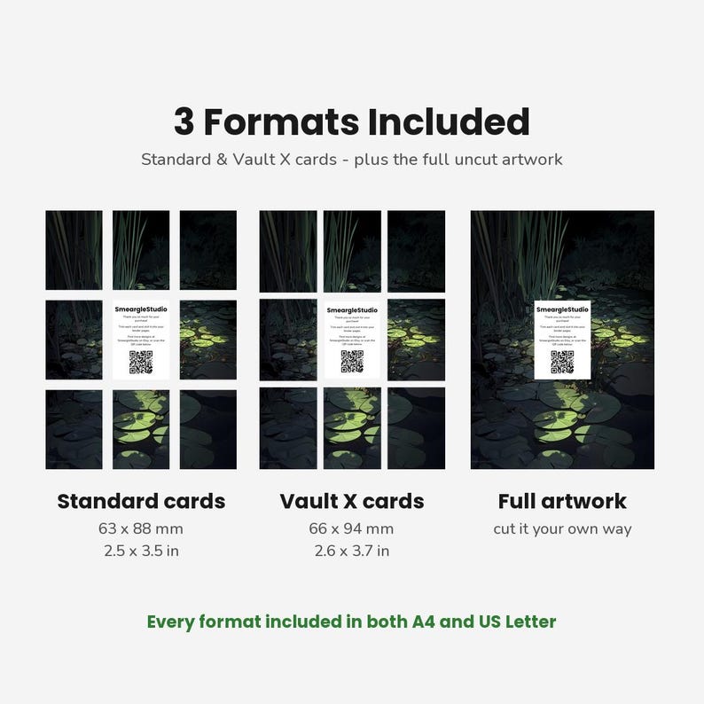 May include: A digital graphic displaying 3 Formats Included: Standard cards at 2.5 x 3.5 inches, Vault X cards at 2.6 x 3.7 inches, and full uncut artwork. Each section features a dark pond scene with lily pads and a central white information card.